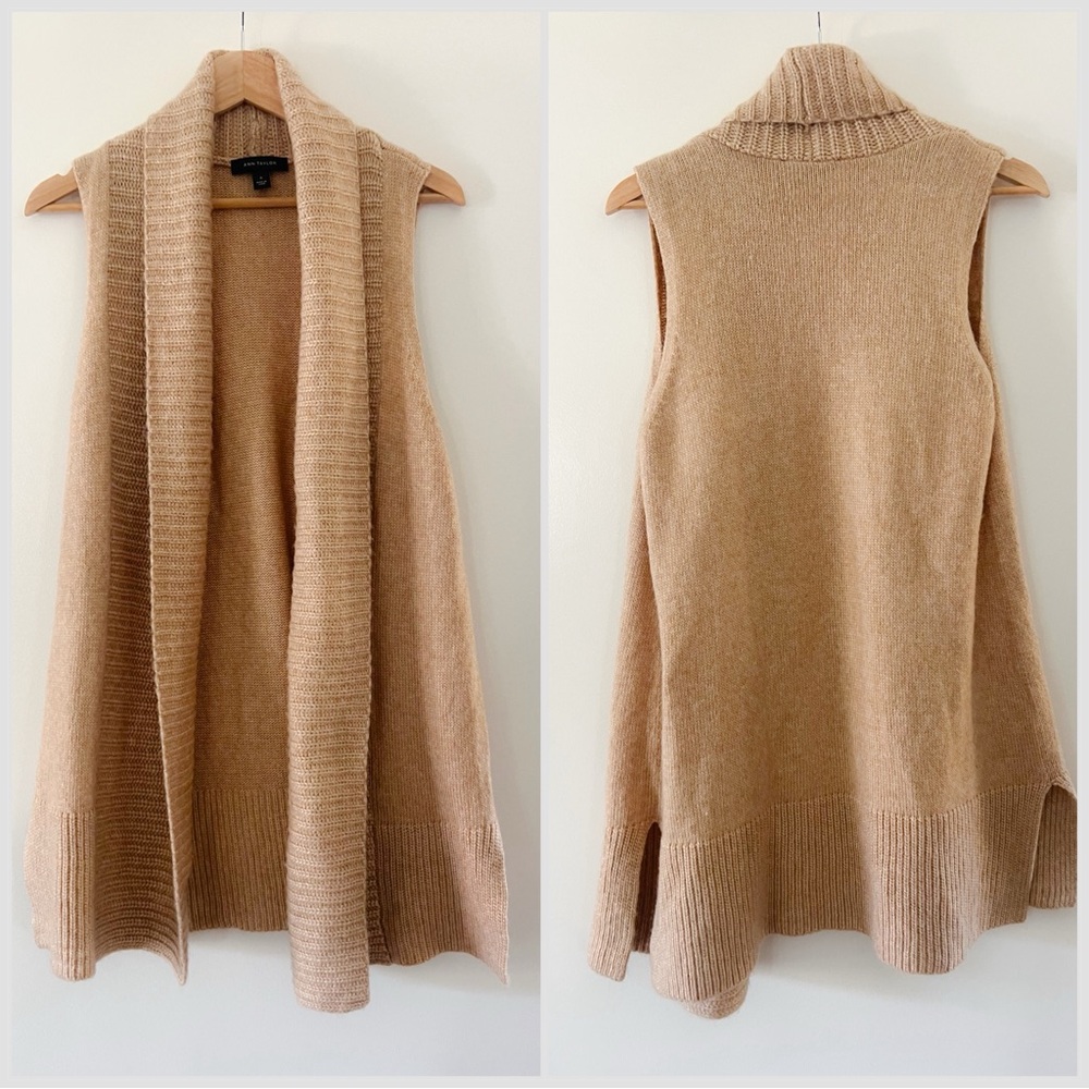 Ann Taylor Sleeveless Open-Front Knit Cardigan Vest - Camel